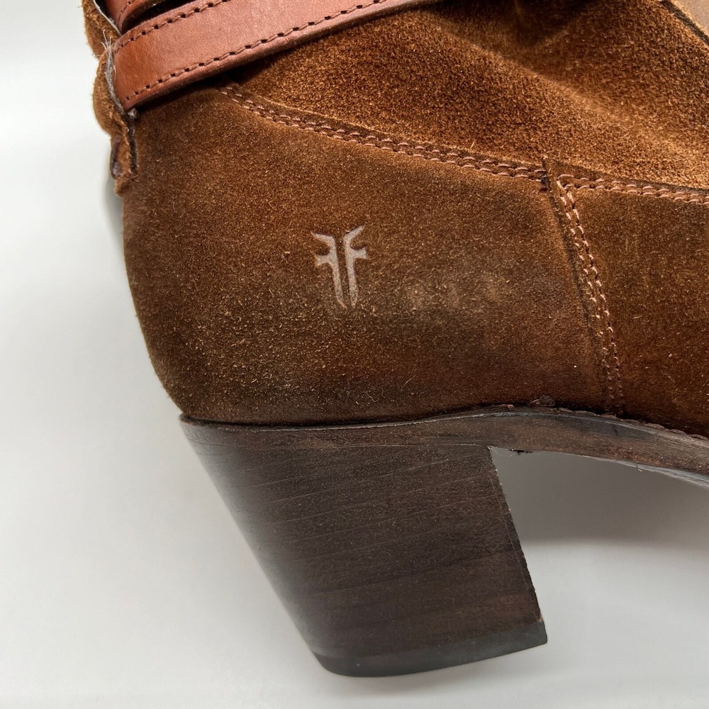 FRYE Jane Strappy Short Boot 10 Brown Suede Leather Block Heel Western Distress - Picture 7 of 13